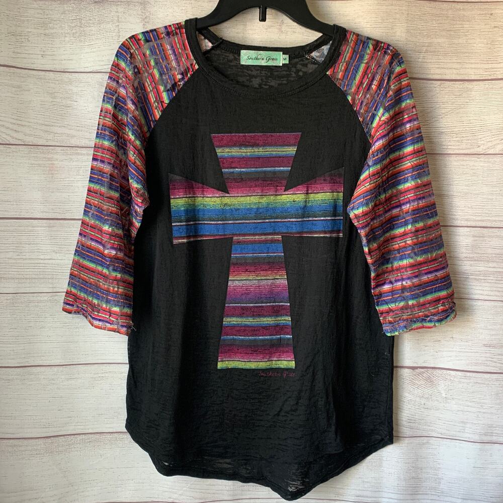 Southern Grace Multi-Color Graphic Cross Mesh Shirt Striped Sleeves Size Medium